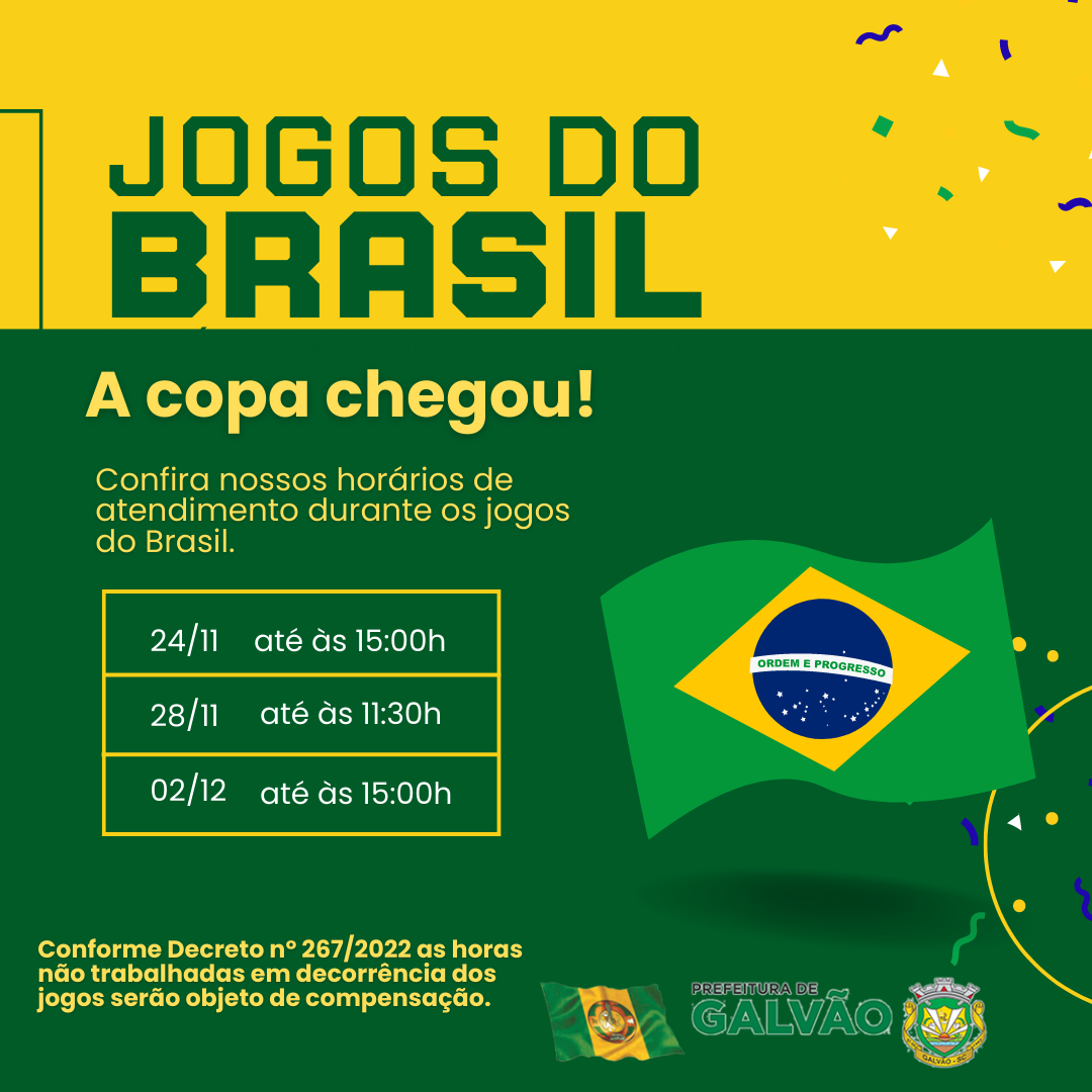 Prefeitura de Timbó atenderá em horários especiais durante jogos do Brasil  na fase de grupos da Copa do Mundo 2022 - Prefeitura de Timbó